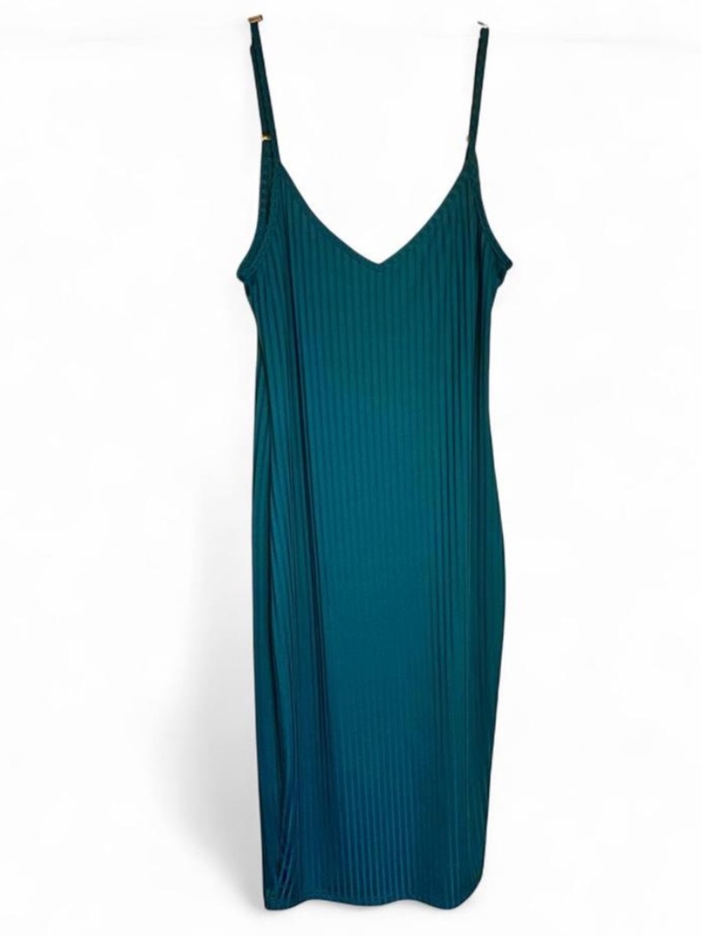 Dark Teal Sheer Pleated Stripe Bodycon Midi Slip Dress with Adjustable Straps